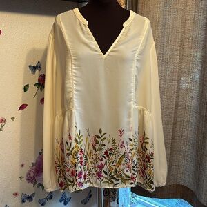 Old Navy long balloon sleeve semi-sheer cream floral peasant blouse Size XL Tall